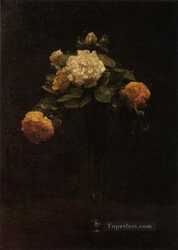  ROSAS Pintura - Rosas blancas y amarillas en un jarrón alto pintor de flores Henri Fantin Latour
